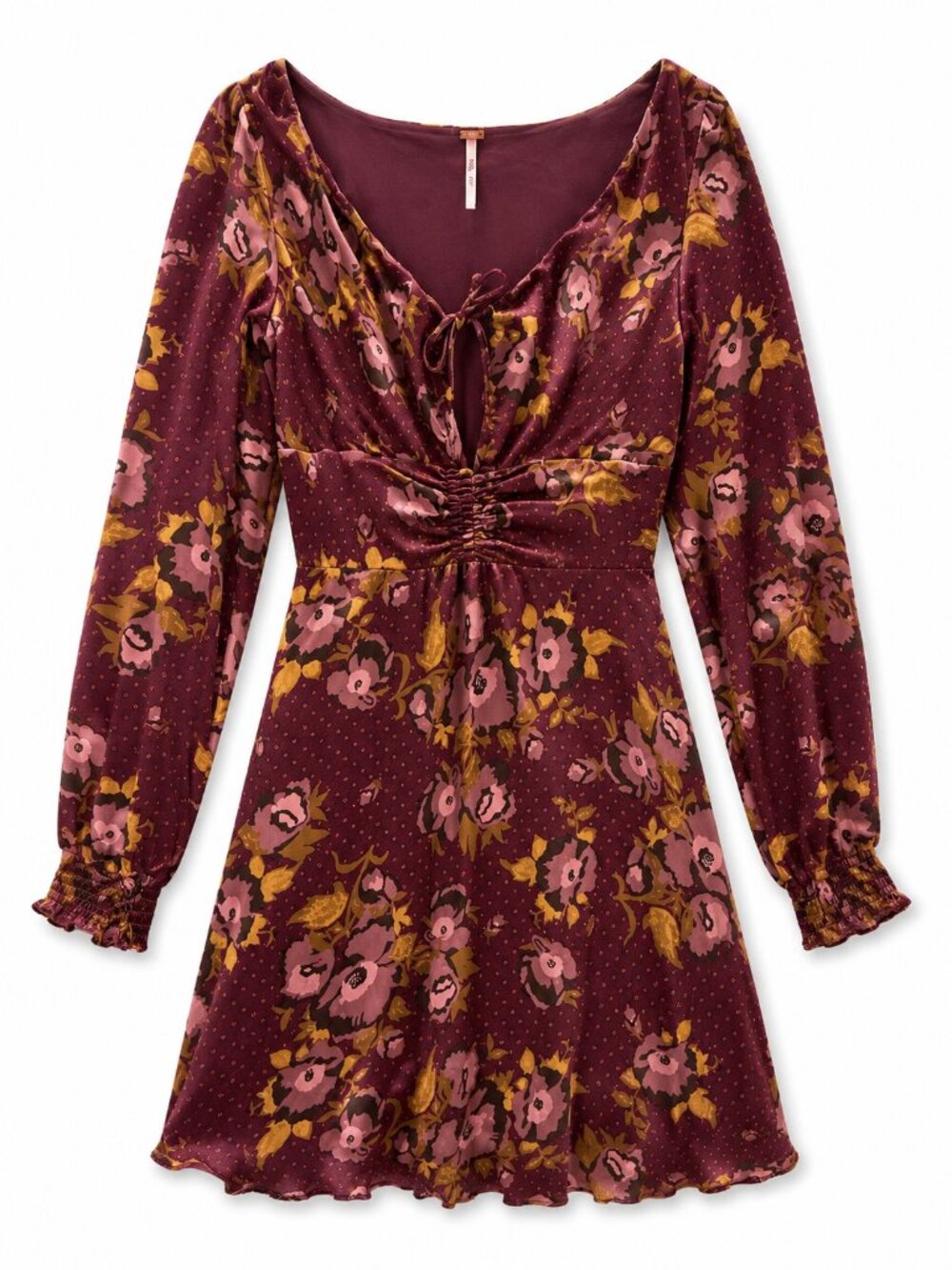 Free People Morning Light Long Sleeve Floral Mini Dress Burgundy Boho Like New